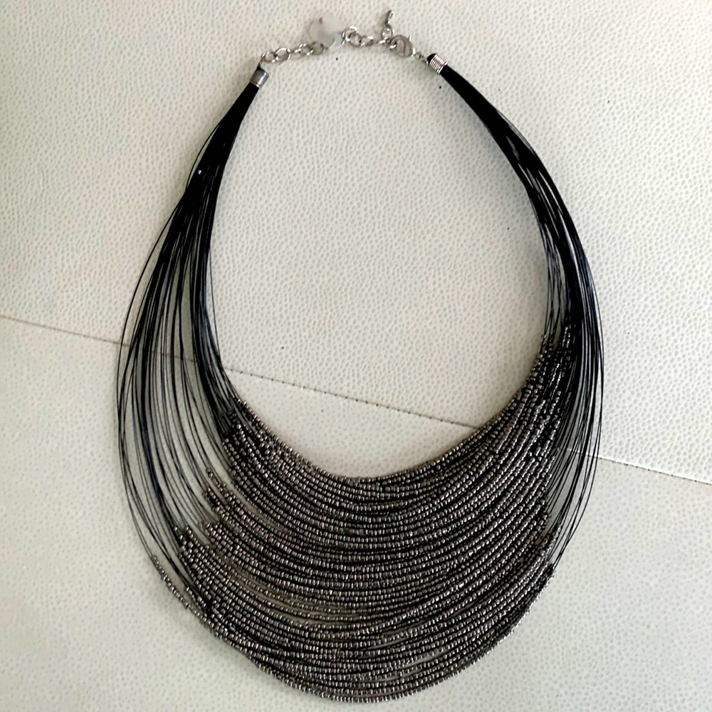 Multi-Strand Beaded Statement Necklace Metallic Gunmetal NEW